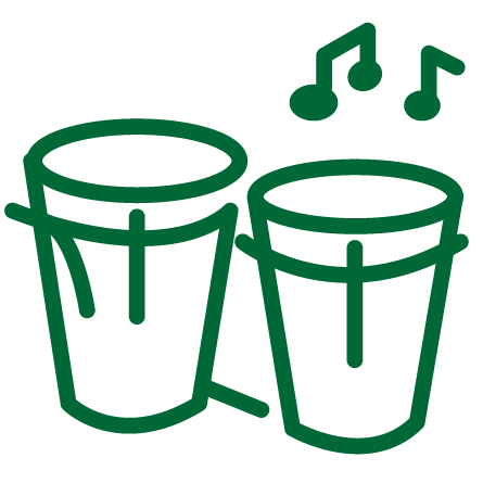 Tambores con notas musicales que representan música tradicional y ritmo festivo.
