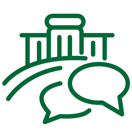 Edificio institucional sobre paisaje con globos de diálogo que representan intercambio de saberes en las regiones.