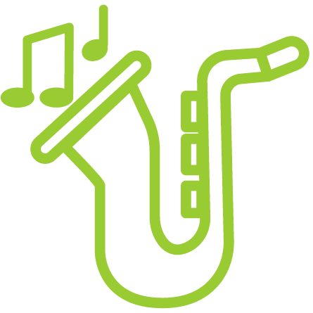 Ilustración de saxofón acompañado de notas musicales, representación de programa de música jazz.